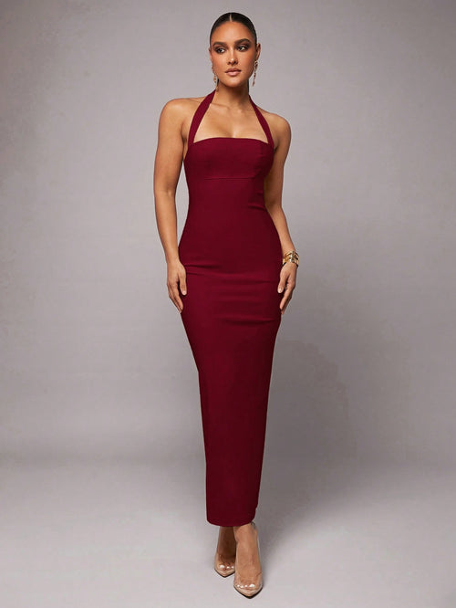 Silquee Burgundy Red,Summer,Elegant,Party Women's Halter Neck Backless Bodycon Maxi Dress,Linen Pleated Hem Date Night Wedding Reception Prom Gown