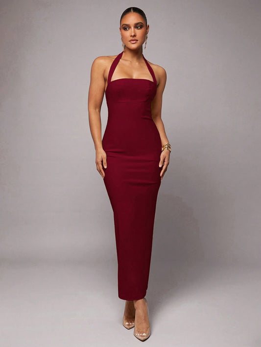 Silquee Burgundy Red,Summer,Elegant,Party Women's Halter Neck Backless Bodycon Maxi Dress,Linen Pleated Hem Date Night Wedding Reception Prom Gown