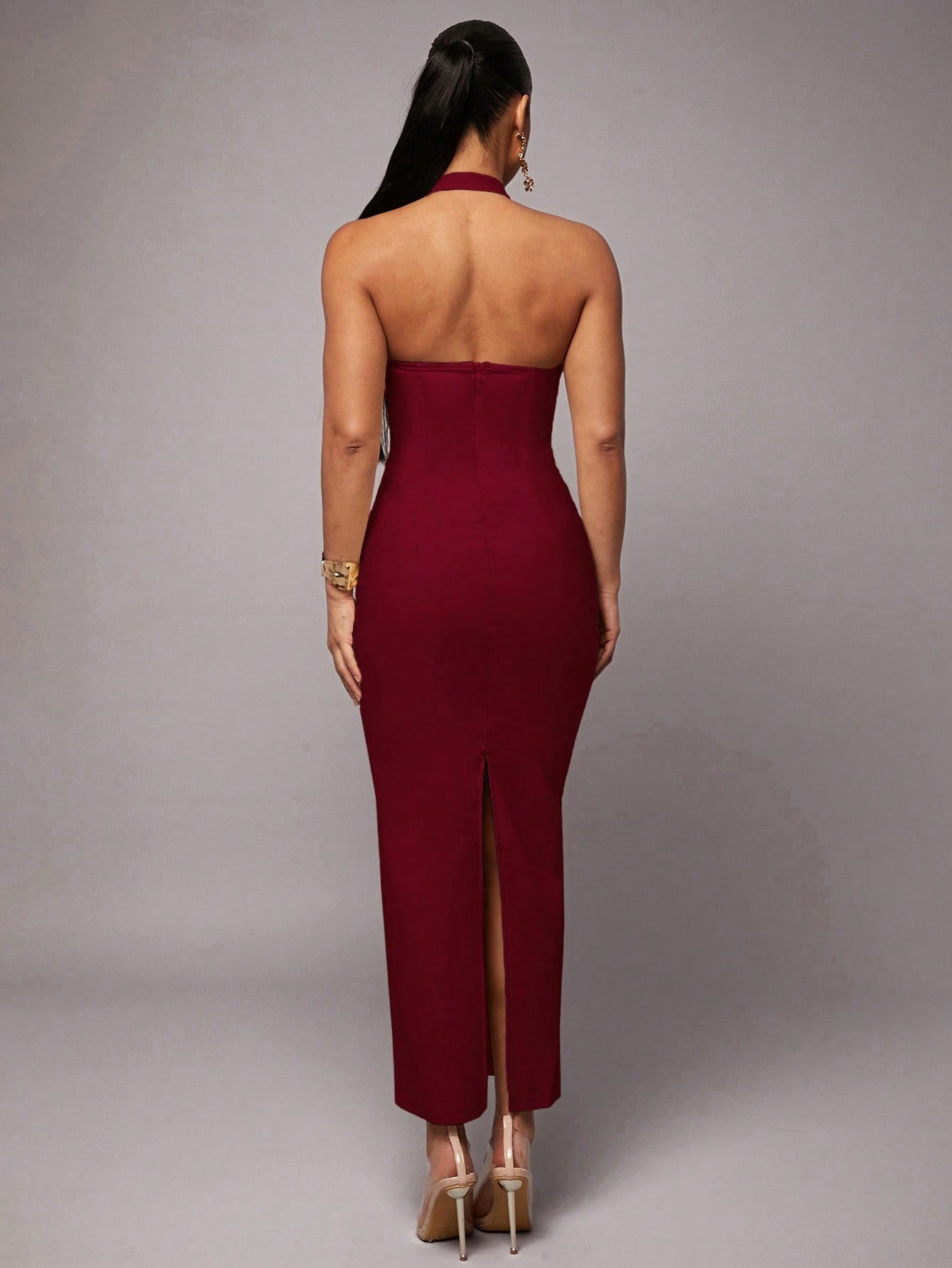 Silquee Burgundy Red,Summer,Elegant,Party Women's Halter Neck Backless Bodycon Maxi Dress,Linen Pleated Hem Date Night Wedding Reception Prom Gown
