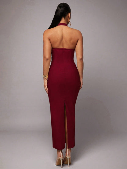 Silquee Burgundy Red,Summer,Elegant,Party Women's Halter Neck Backless Bodycon Maxi Dress,Linen Pleated Hem Date Night Wedding Reception Prom Gown