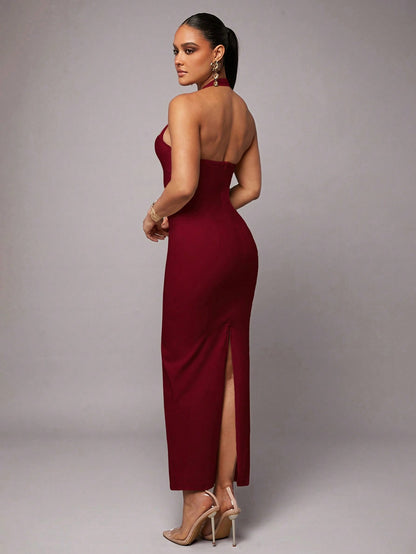 Silquee Burgundy Red,Summer,Elegant,Party Women's Halter Neck Backless Bodycon Maxi Dress,Linen Pleated Hem Date Night Wedding Reception Prom Gown