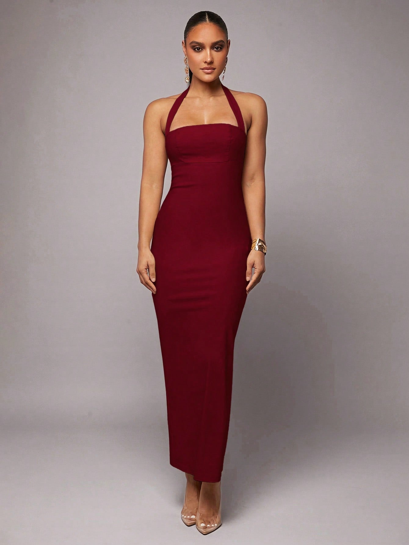 Silquee Burgundy Red,Summer,Elegant,Party Women's Halter Neck Backless Bodycon Maxi Dress,Linen Pleated Hem Date Night Wedding Reception Prom Gown