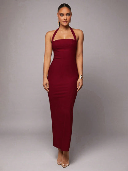 Silquee Burgundy Red,Summer,Elegant,Party Women's Halter Neck Backless Bodycon Maxi Dress,Linen Pleated Hem Date Night Wedding Reception Prom Gown