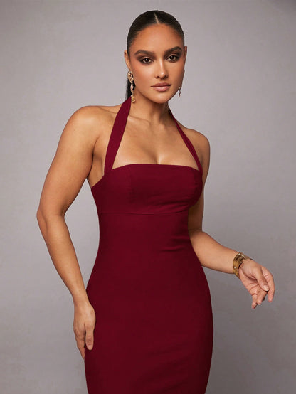 Silquee Burgundy Red,Summer,Elegant,Party Women's Halter Neck Backless Bodycon Maxi Dress,Linen Pleated Hem Date Night Wedding Reception Prom Gown