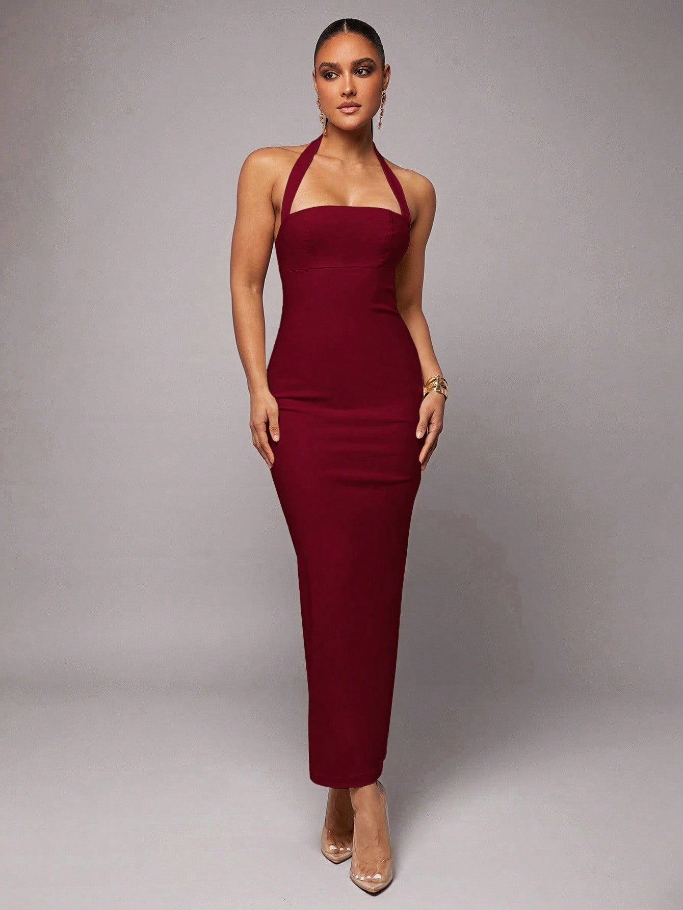 Silquee Burgundy Red,Summer,Elegant,Party Women's Halter Neck Backless Bodycon Maxi Dress,Linen Pleated Hem Date Night Wedding Reception Prom Gown
