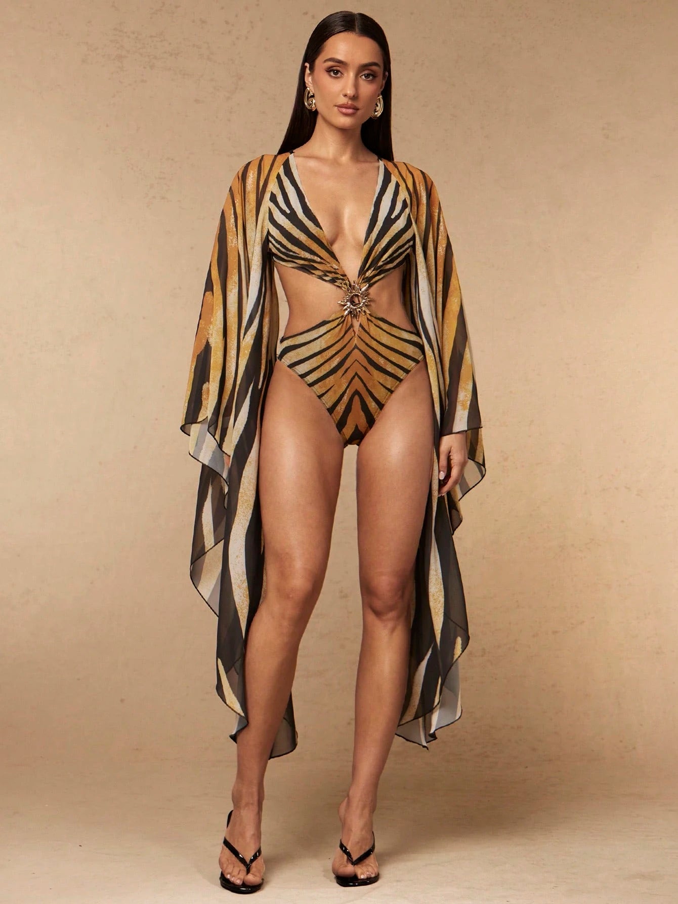 Silquee Spring/Summer Women's Extra Long Sleeve Printed Hollow Out One-Piece Swimsuit Bathing Suit For Women Beach Vacation Party Vacation Brown Sexy