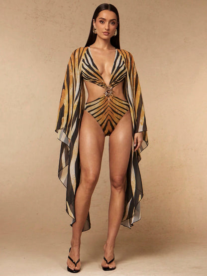 Silquee Spring/Summer Women's Extra Long Sleeve Printed Hollow Out One-Piece Swimsuit Bathing Suit For Women Beach Vacation Party Vacation Brown Sexy