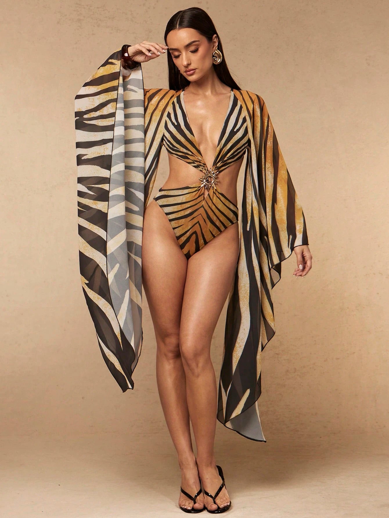 Silquee Spring/Summer Women's Extra Long Sleeve Printed Hollow Out One-Piece Swimsuit Bathing Suit For Women Beach Vacation Party Vacation Brown Sexy