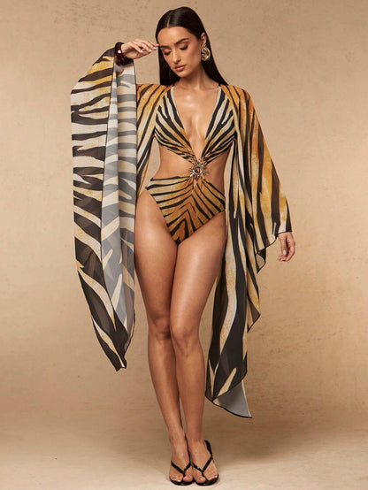 Silquee Spring/Summer Women's Extra Long Sleeve Printed Hollow Out One-Piece Swimsuit Bathing Suit For Women Beach Vacation Party Vacation Brown Sexy