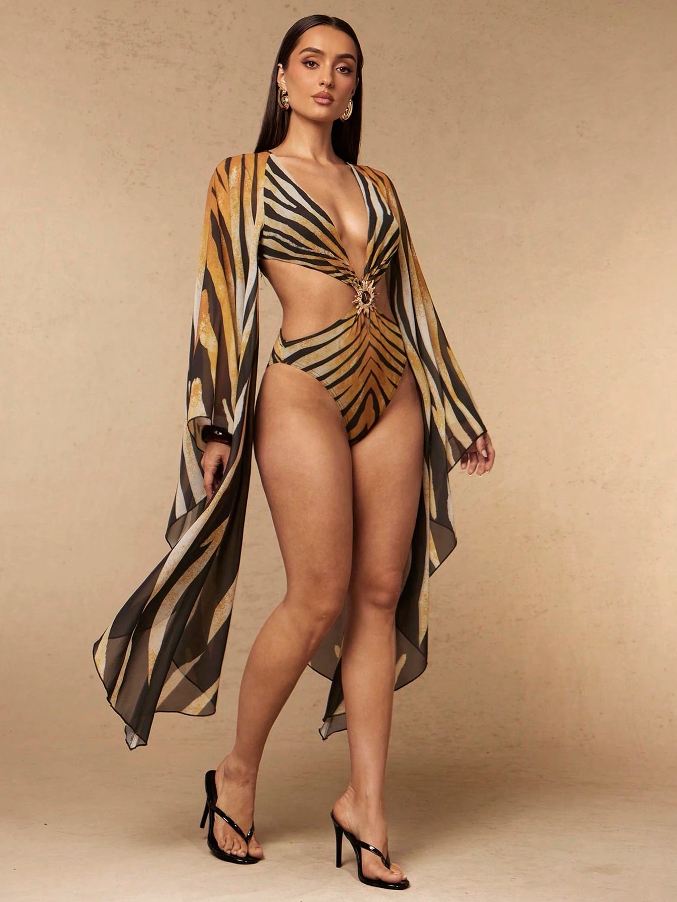 Silquee Spring/Summer Women's Extra Long Sleeve Printed Hollow Out One-Piece Swimsuit Bathing Suit For Women Beach Vacation Party Vacation Brown Sexy