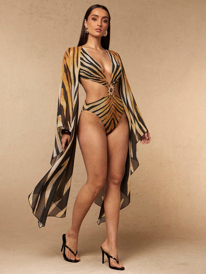 Silquee Spring/Summer Women's Extra Long Sleeve Printed Hollow Out One-Piece Swimsuit Bathing Suit For Women Beach Vacation Party Vacation Brown Sexy