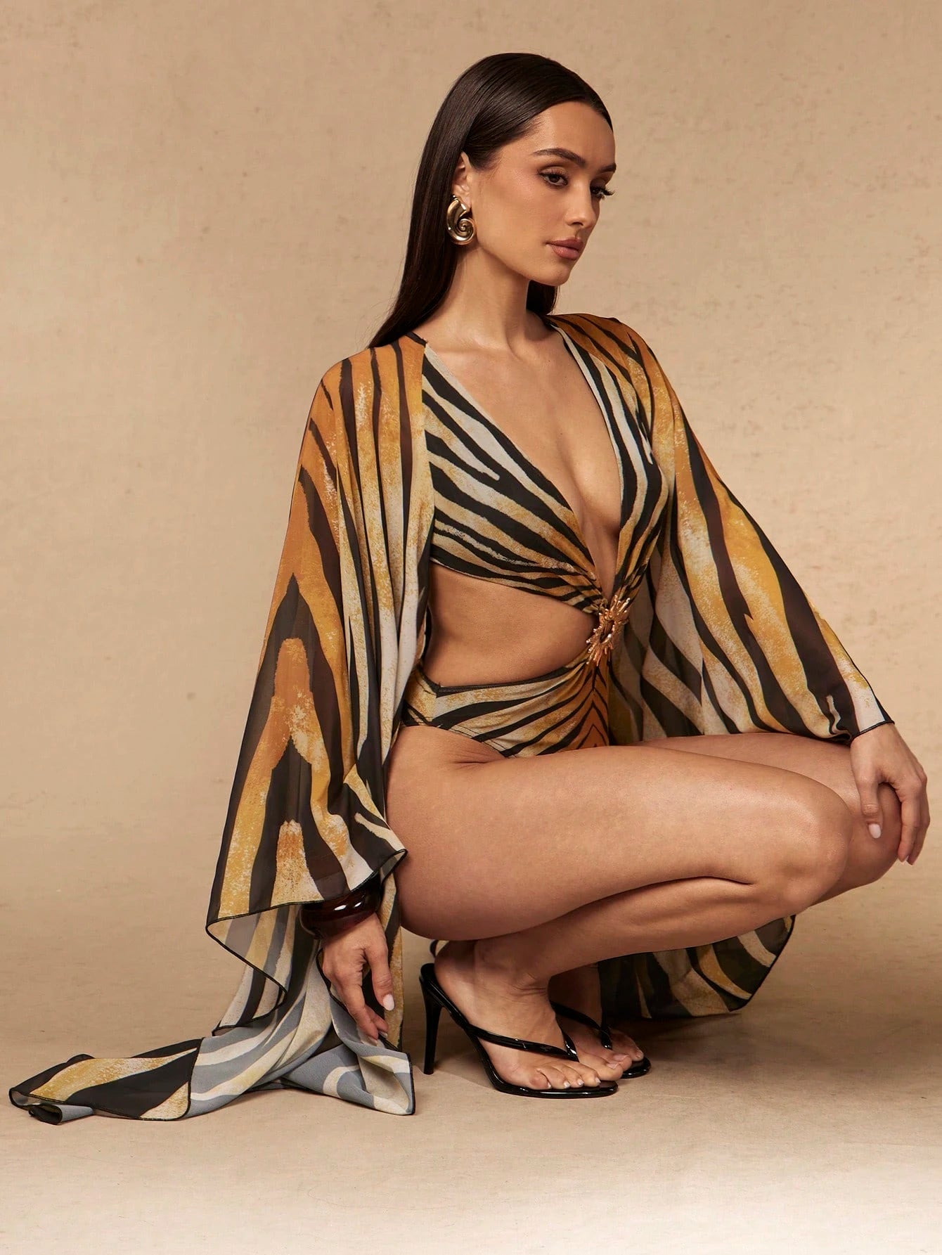 Silquee Spring/Summer Women's Extra Long Sleeve Printed Hollow Out One-Piece Swimsuit Bathing Suit For Women Beach Vacation Party Vacation Brown Sexy
