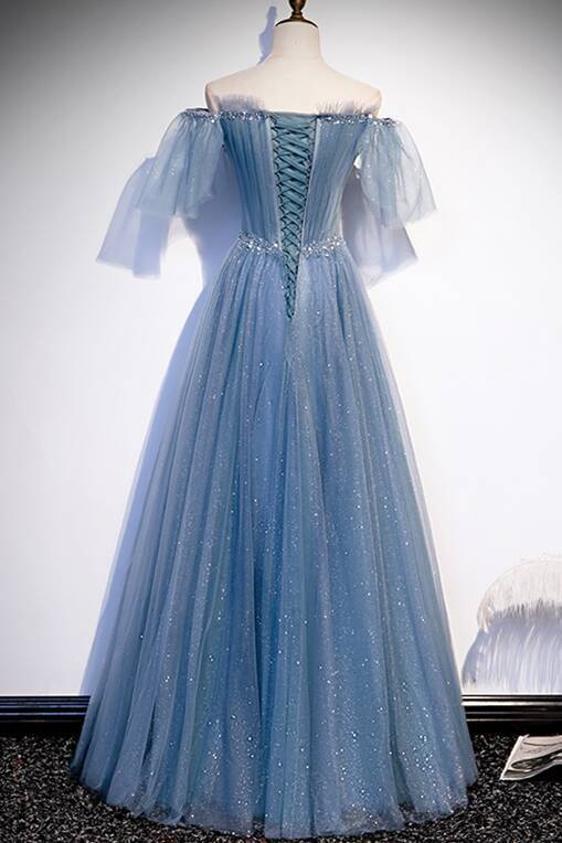 Simple Blue A-line Off the Shoulder Long Prom Dress