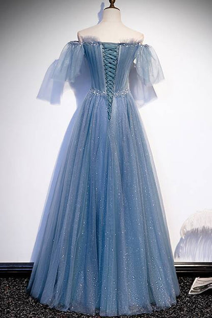 Simple Blue A-line Off the Shoulder Long Prom Dress