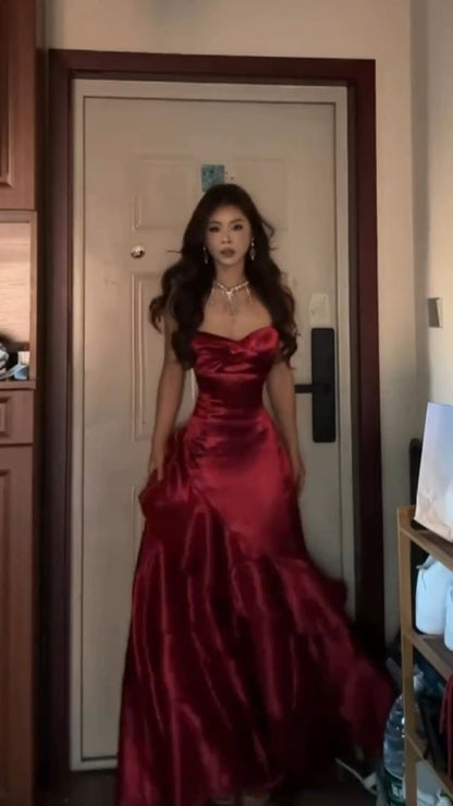 Simple Prom Dresses Burgundy Satin Sheath Prom Dress Ruffle Vintage Dress Glam Outfits,AST2319