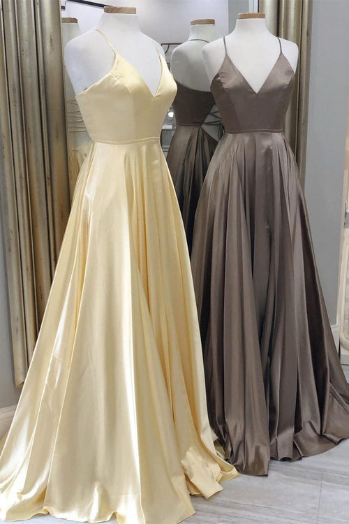 Simple Yellow A-line Long V Neck Prom Dress