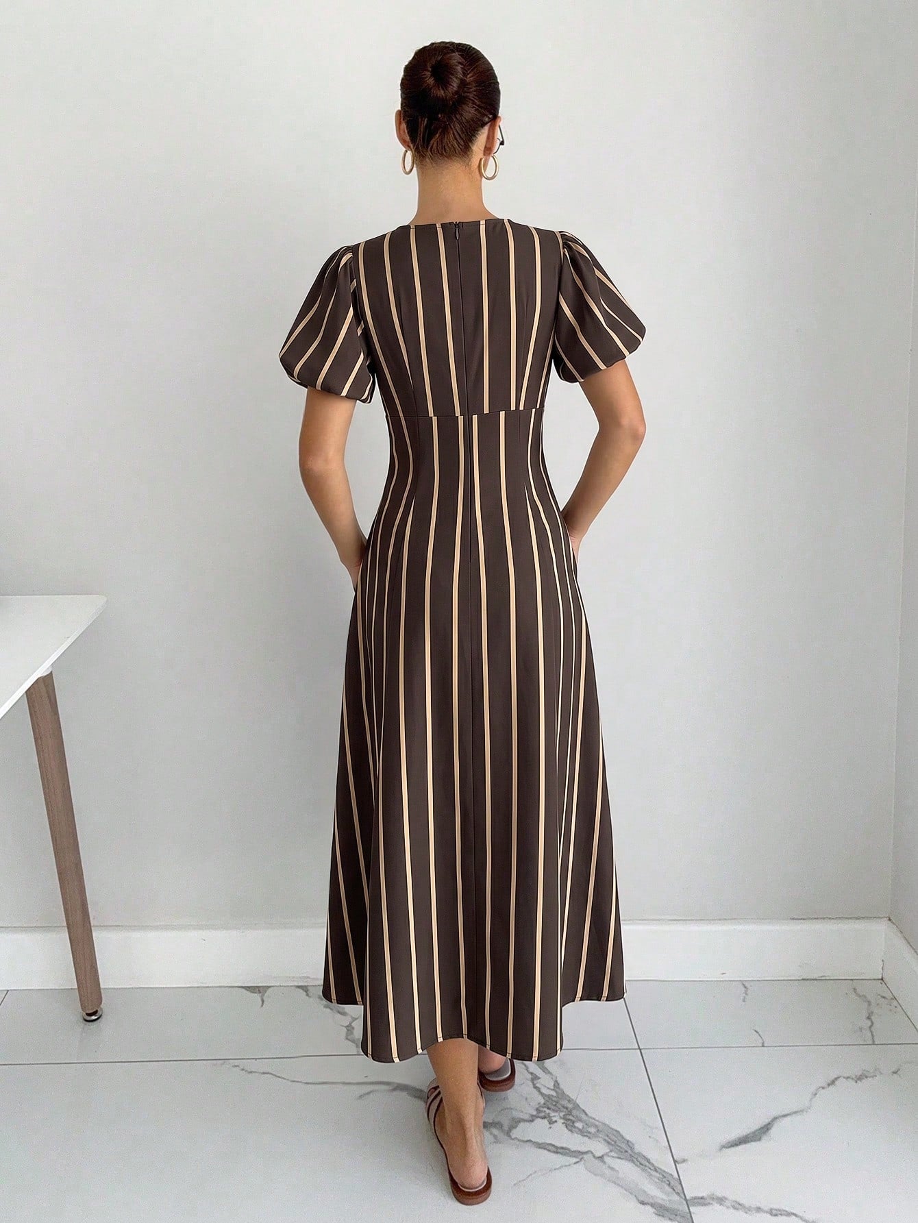 Siren Gaze Summer Women Casual Brown Stripe Dress Y2k Holiday Streetwear Western V-Neck Western Vintage Elegant Formal Going Out Wedding Graduation Peplum Pleat
