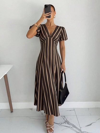 Siren Gaze Summer Women Casual Brown Stripe Dress Y2k Holiday Streetwear Western V-Neck Western Vintage Elegant Formal Going Out Wedding Graduation Peplum Pleat