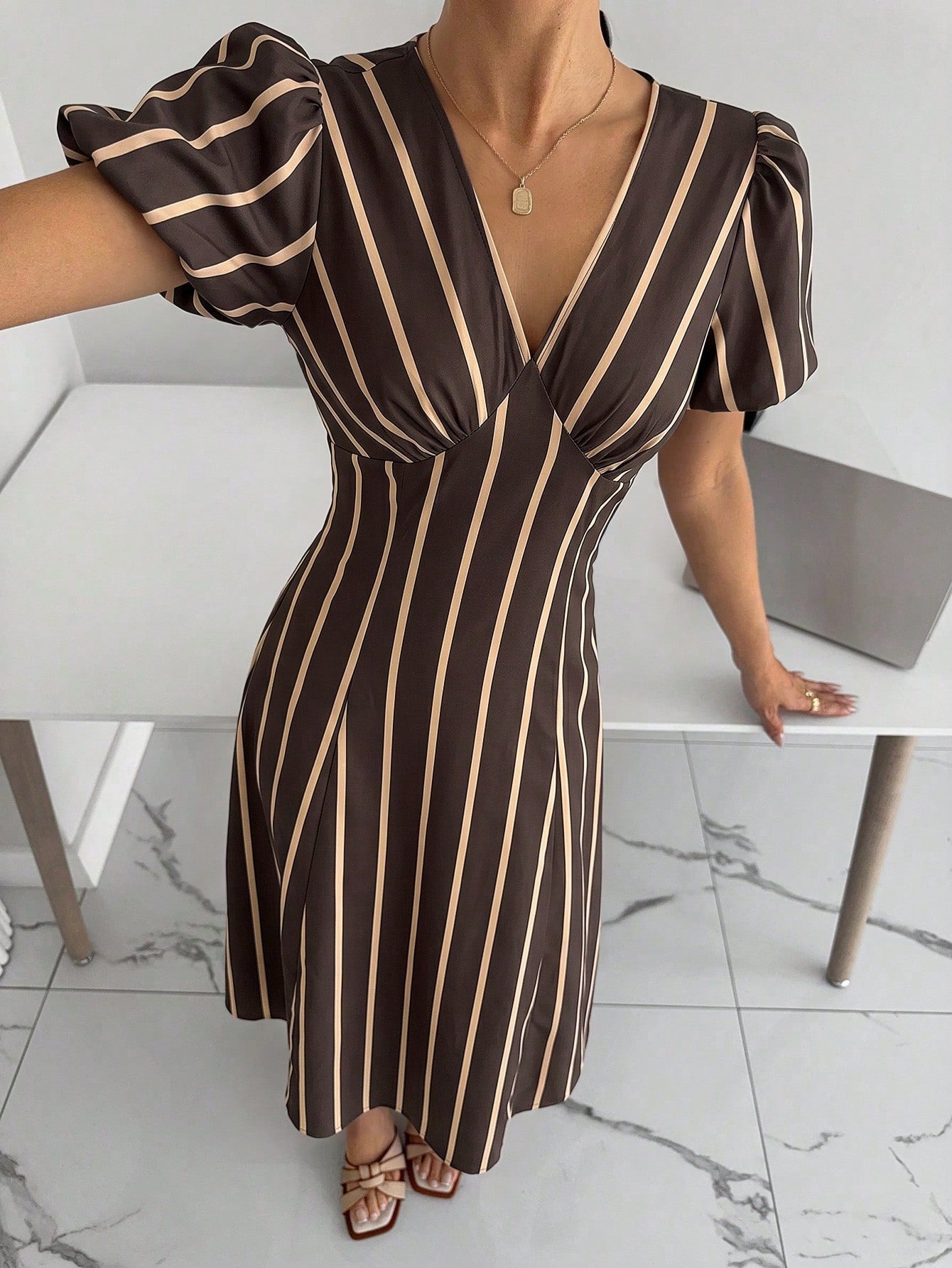 Siren Gaze Summer Women Casual Brown Stripe Dress Y2k Holiday Streetwear Western V-Neck Western Vintage Elegant Formal Going Out Wedding Graduation Peplum Pleat