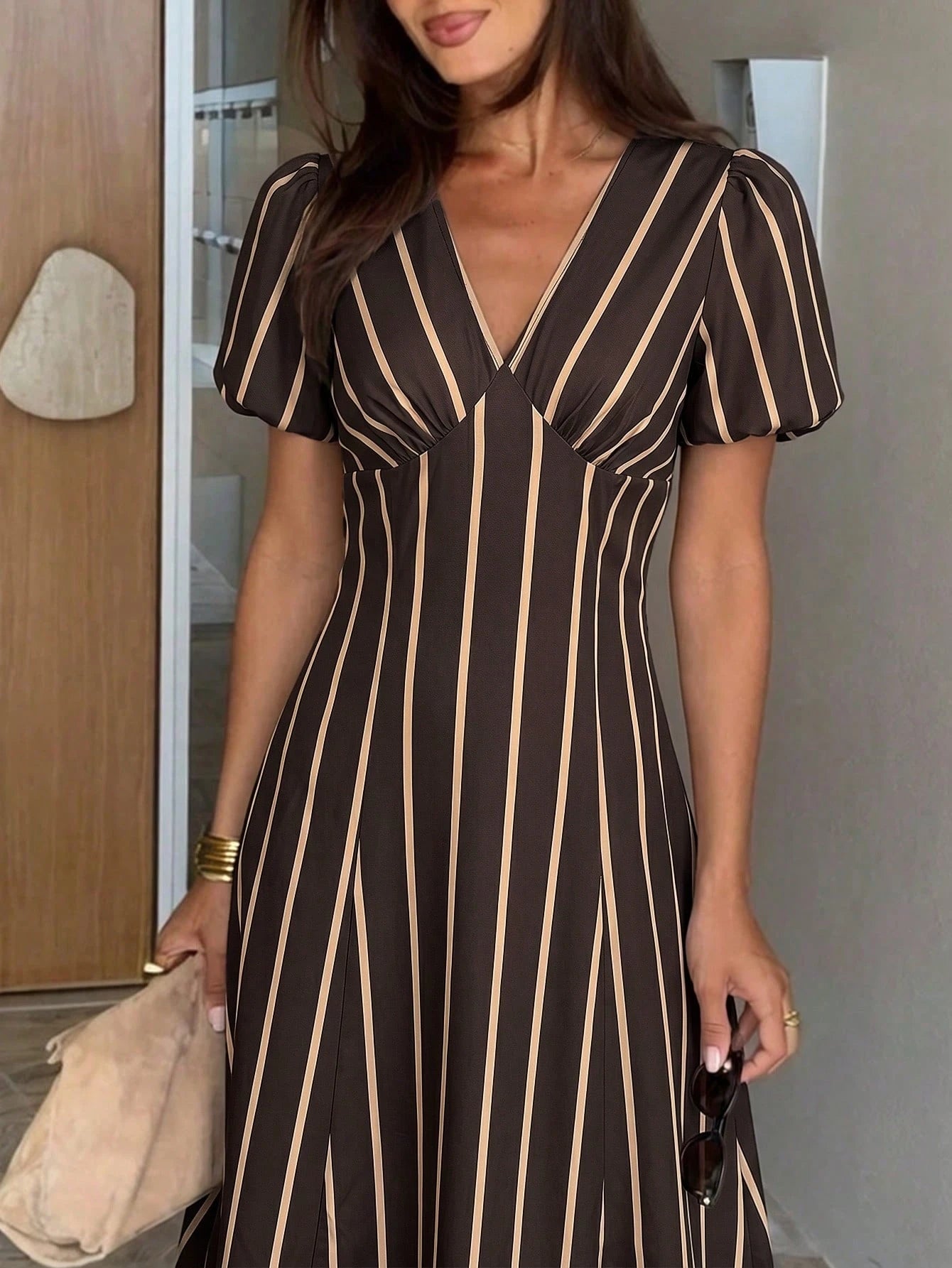 Siren Gaze Summer Women Casual Brown Stripe Dress Y2k Holiday Streetwear Western V-Neck Western Vintage Elegant Formal Going Out Wedding Graduation Peplum Pleat
