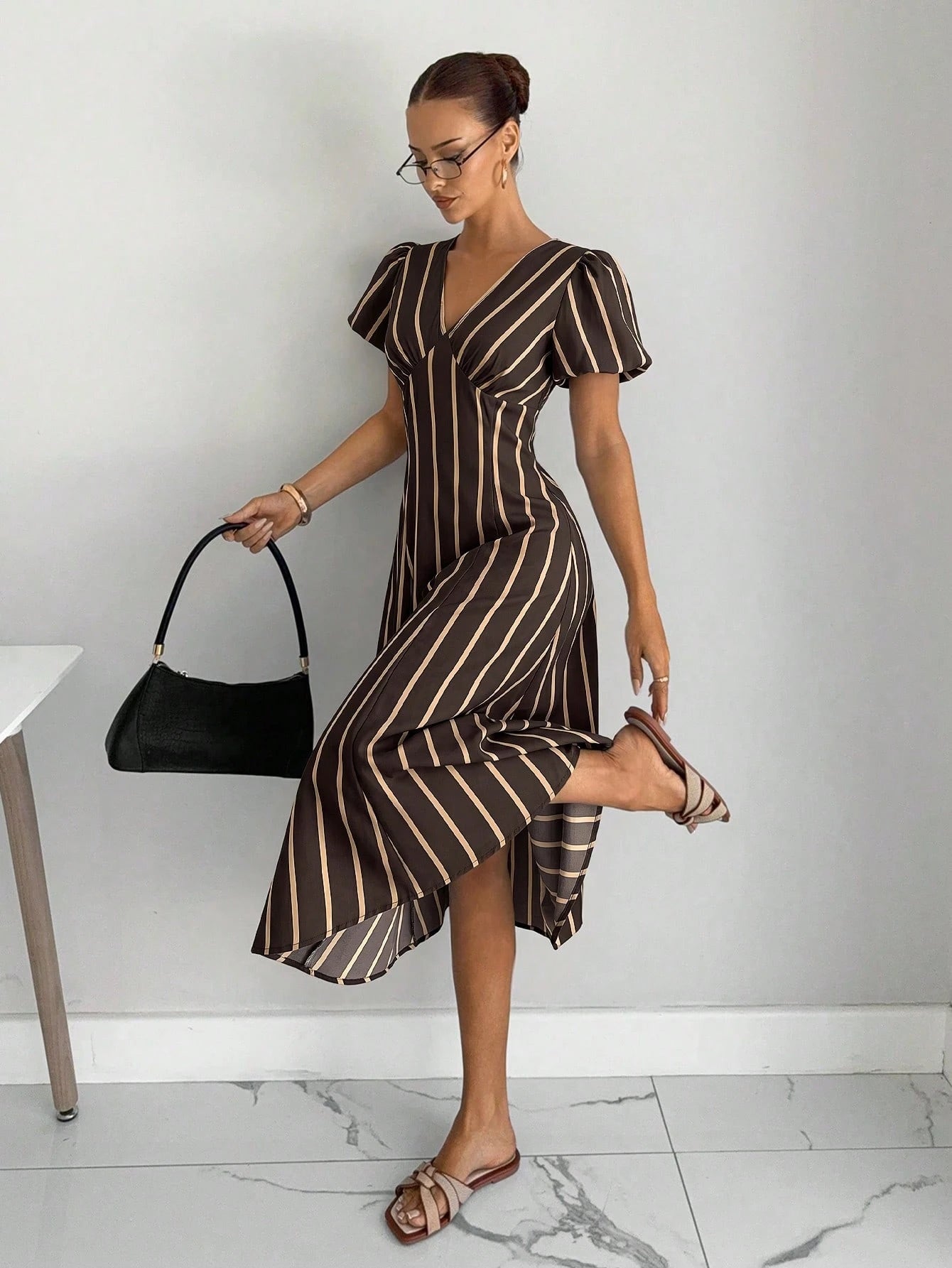 Siren Gaze Summer Women Casual Brown Stripe Dress Y2k Holiday Streetwear Western V-Neck Western Vintage Elegant Formal Going Out Wedding Graduation Peplum Pleat