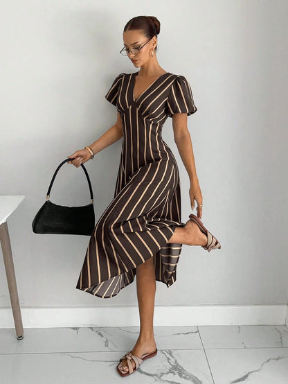Siren Gaze Summer Women Casual Brown Stripe Dress Y2k Holiday Streetwear Western V-Neck Western Vintage Elegant Formal Going Out Wedding Graduation Peplum Pleat