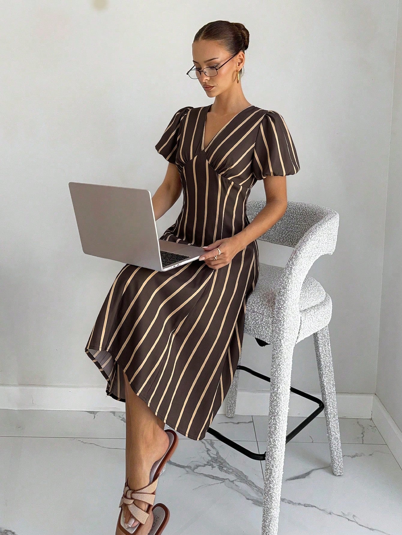 Siren Gaze Summer Women Casual Brown Stripe Dress Y2k Holiday Streetwear Western V-Neck Western Vintage Elegant Formal Going Out Wedding Graduation Peplum Pleat