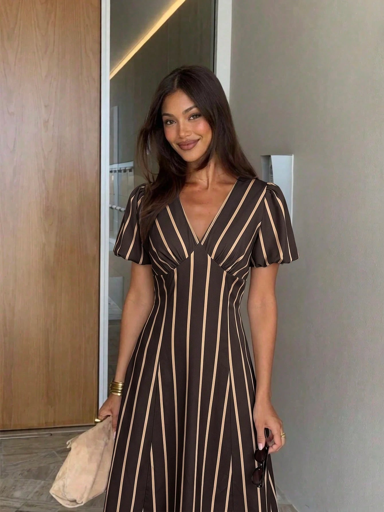Siren Gaze Summer Women Casual Brown Stripe Dress Y2k Holiday Streetwear Western V-Neck Western Vintage Elegant Formal Going Out Wedding Graduation Peplum Pleat