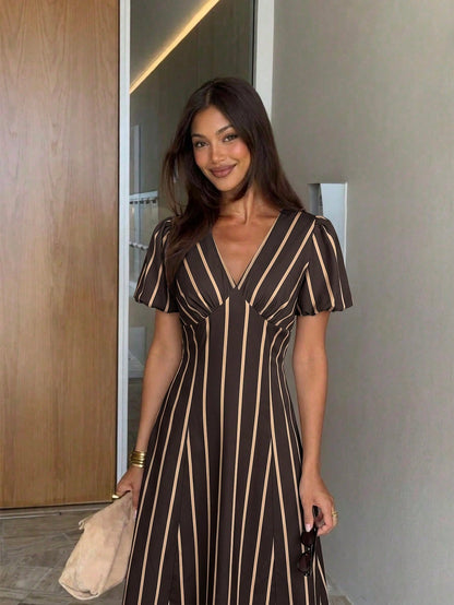 Siren Gaze Summer Women Casual Brown Stripe Dress Y2k Holiday Streetwear Western V-Neck Western Vintage Elegant Formal Going Out Wedding Graduation Peplum Pleat