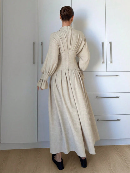 Siren Gaze V-Neck Pleated Long Dress For Women, Autumn/Winter Spring Elegant Lantern Sleeve Dress Beige Dress Linen Maxi Dress Abaya Dress Modest Dress