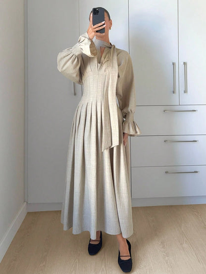 Siren Gaze V-Neck Pleated Long Dress For Women, Autumn/Winter Spring Elegant Lantern Sleeve Dress Beige Dress Linen Maxi Dress Abaya Dress Modest Dress