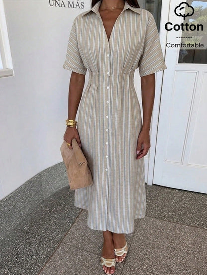Siren Gaze White And Blue Summer Casual Coastal Modest Elegant Shirt Dress For Women, Button Down V-Neck Midi Long Dresses, Beach Vacation Holiday Office Wear