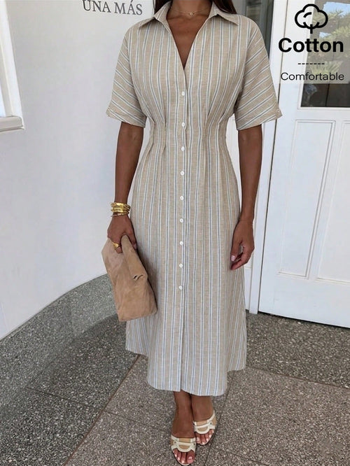 Siren Gaze White And Blue Summer Casual Coastal Modest Elegant Shirt Dress For Women, Button Down V-Neck Midi Long Dresses, Beach Vacation Holiday Office Wear