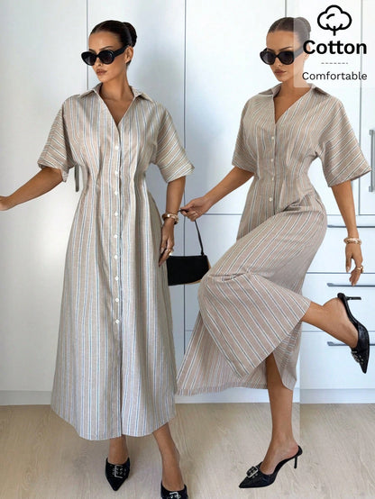 Siren Gaze White And Blue Summer Casual Coastal Modest Elegant Shirt Dress For Women, Button Down V-Neck Midi Long Dresses, Beach Vacation Holiday Office Wear