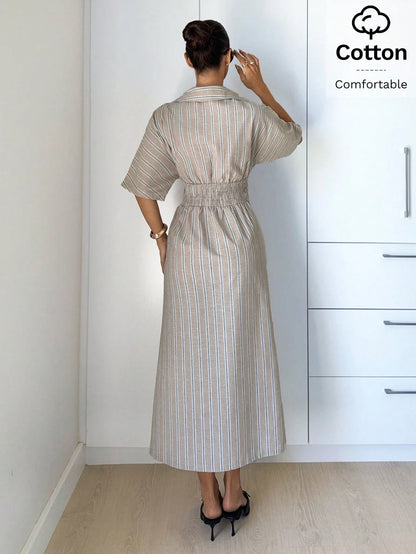 Siren Gaze White And Blue Summer Casual Coastal Modest Elegant Shirt Dress For Women, Button Down V-Neck Midi Long Dresses, Beach Vacation Holiday Office Wear