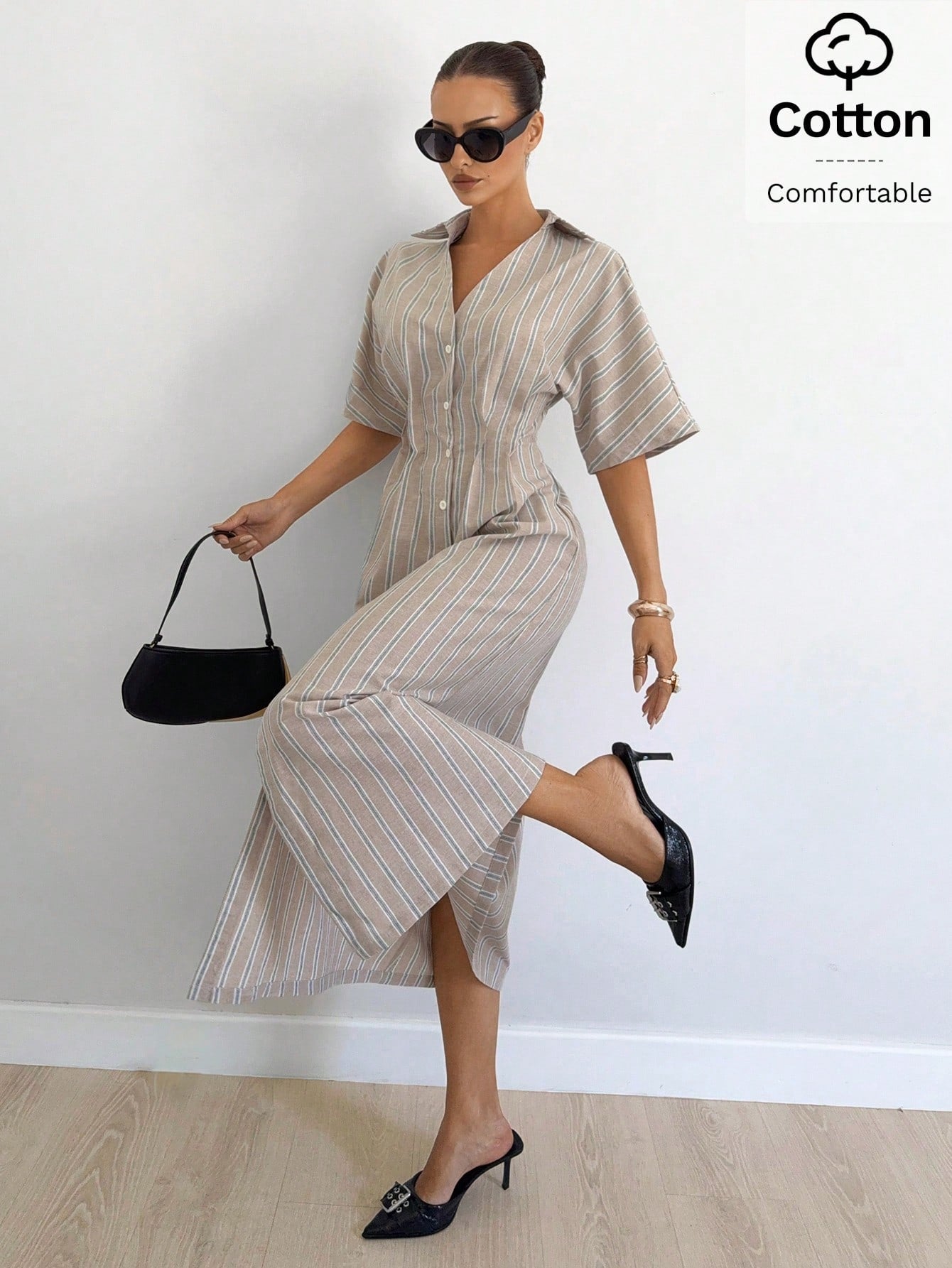 Siren Gaze White And Blue Summer Casual Coastal Modest Elegant Shirt Dress For Women, Button Down V-Neck Midi Long Dresses, Beach Vacation Holiday Office Wear