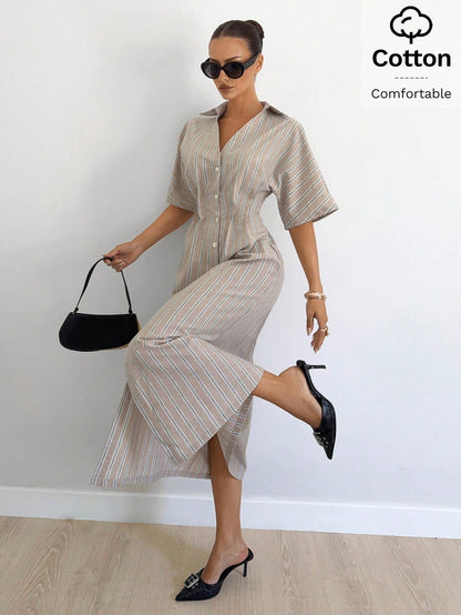 Siren Gaze White And Blue Summer Casual Coastal Modest Elegant Shirt Dress For Women, Button Down V-Neck Midi Long Dresses, Beach Vacation Holiday Office Wear