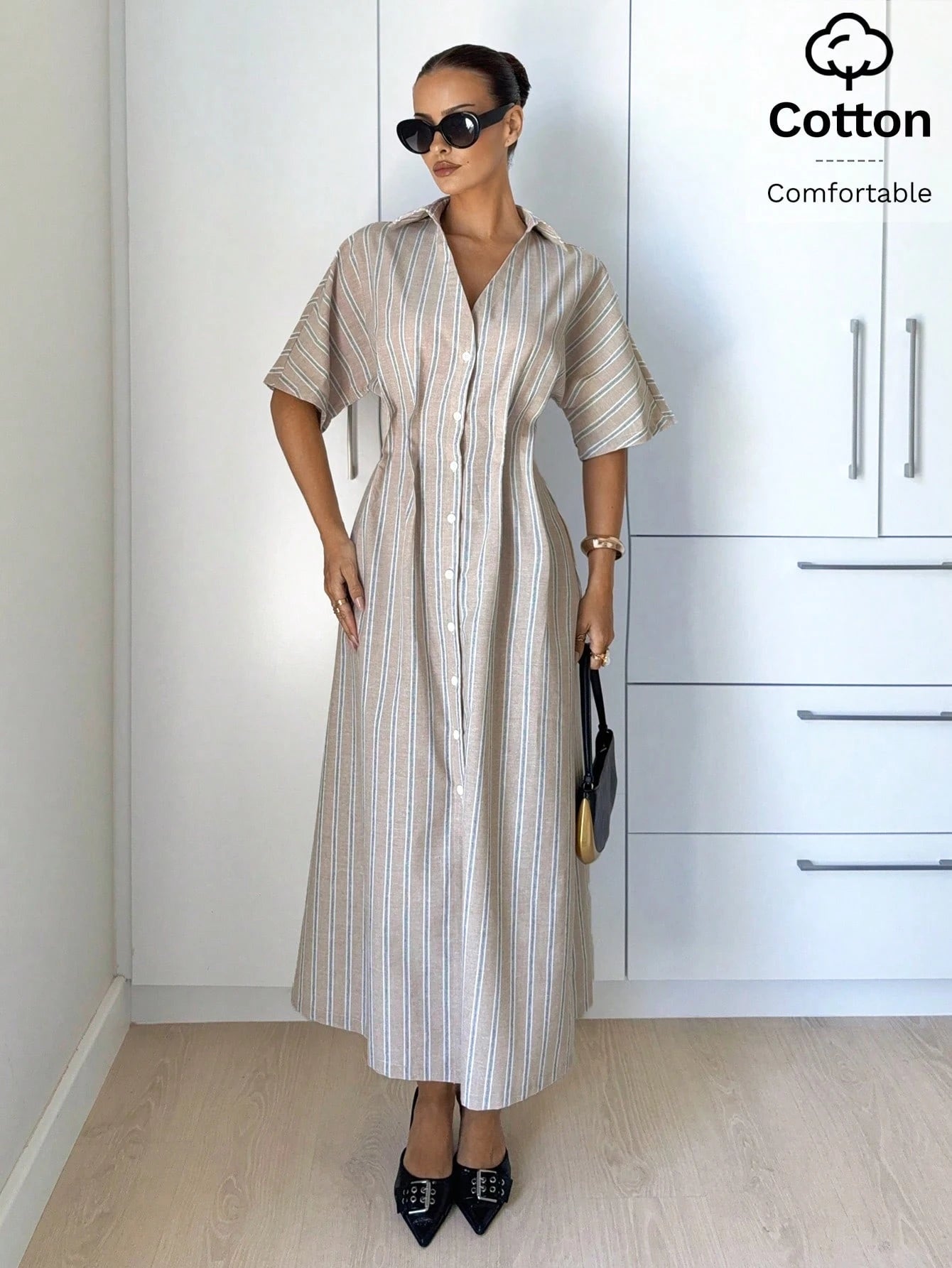 Siren Gaze White And Blue Summer Casual Coastal Modest Elegant Shirt Dress For Women, Button Down V-Neck Midi Long Dresses, Beach Vacation Holiday Office Wear