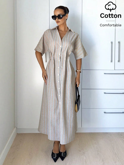 Siren Gaze White And Blue Summer Casual Coastal Modest Elegant Shirt Dress For Women, Button Down V-Neck Midi Long Dresses, Beach Vacation Holiday Office Wear