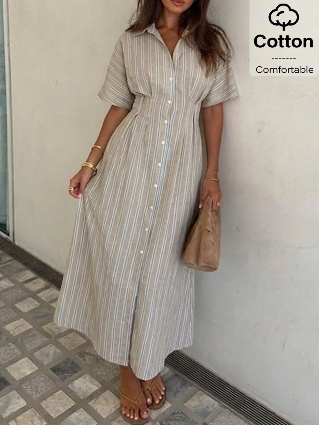 Siren Gaze White And Blue Summer Casual Coastal Modest Elegant Shirt Dress For Women, Button Down V-Neck Midi Long Dresses, Beach Vacation Holiday Office Wear