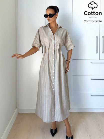 Siren Gaze White And Blue Summer Casual Coastal Modest Elegant Shirt Dress For Women, Button Down V-Neck Midi Long Dresses, Beach Vacation Holiday Office Wear