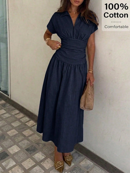 Siren Gaze Women's Elegant Dress Shirt Collar Short Sleeve V Neck Ruched Cinched Waist A-Line Midi Shirt Dres