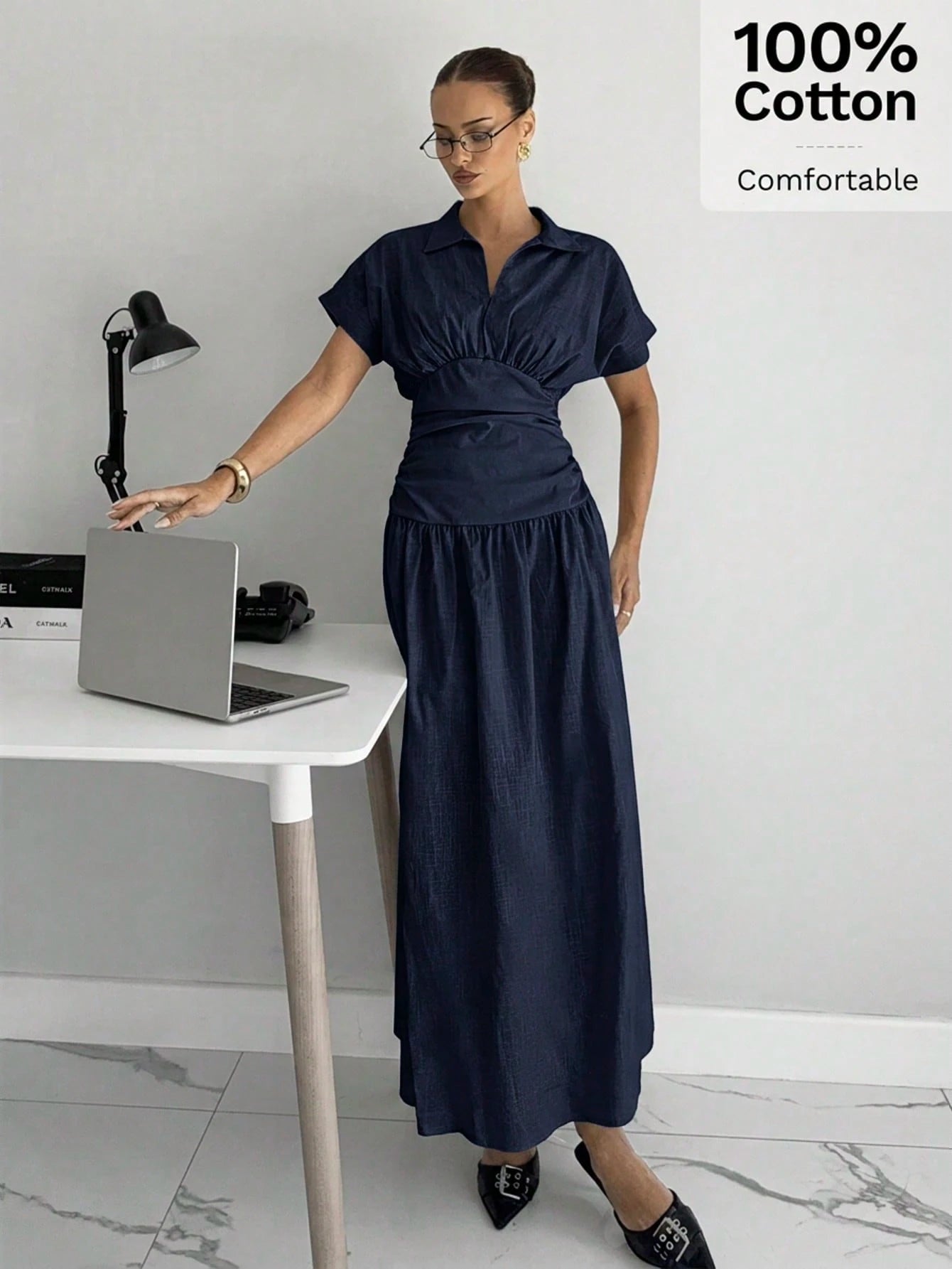 Siren Gaze Women's Elegant Dress Shirt Collar Short Sleeve V Neck Ruched Cinched Waist A-Line Midi Shirt Dres