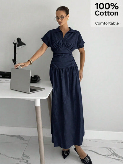 Siren Gaze Women's Elegant Dress Shirt Collar Short Sleeve V Neck Ruched Cinched Waist A-Line Midi Shirt Dres