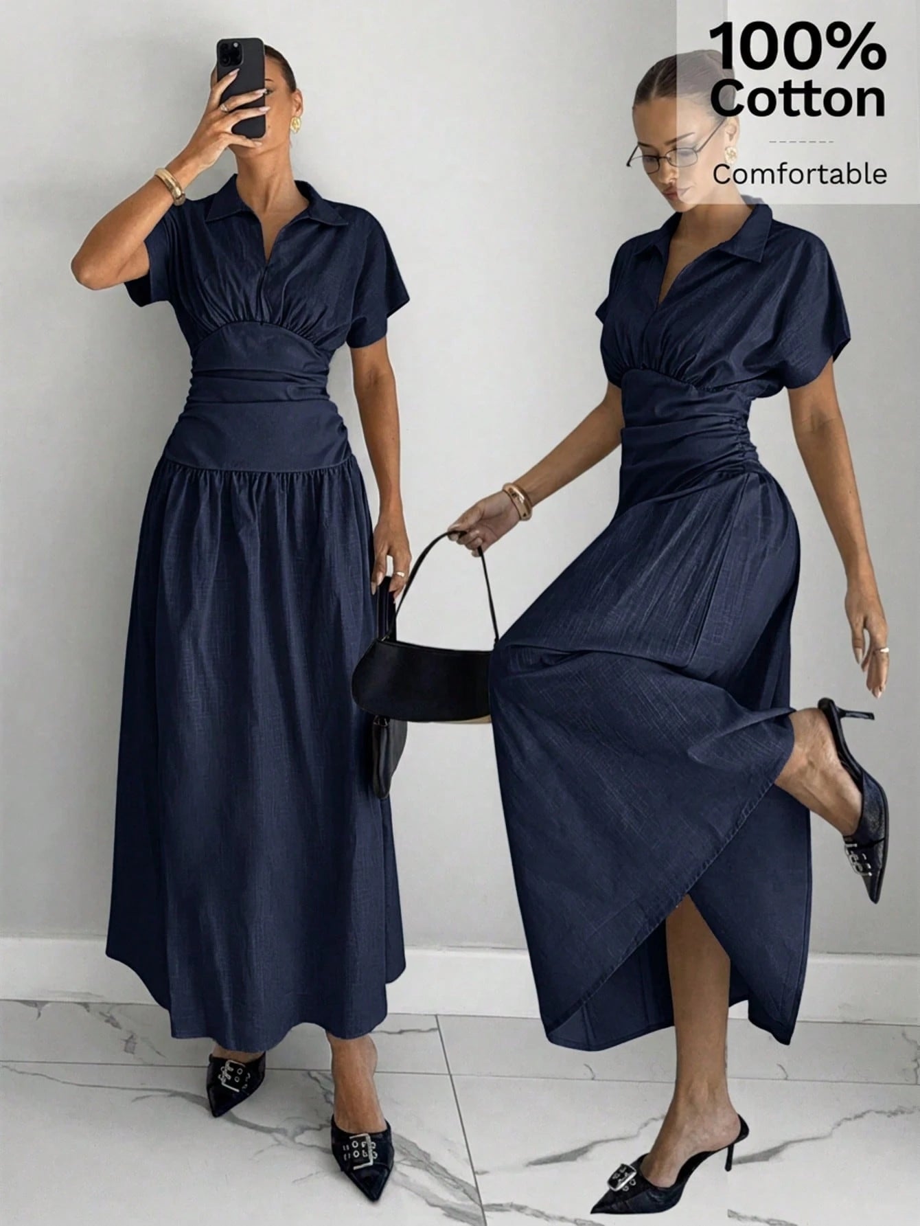 Siren Gaze Women's Elegant Dress Shirt Collar Short Sleeve V Neck Ruched Cinched Waist A-Line Midi Shirt Dres