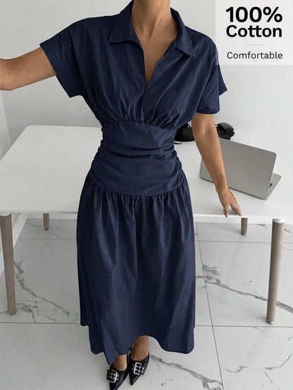 Siren Gaze Women's Elegant Dress Shirt Collar Short Sleeve V Neck Ruched Cinched Waist A-Line Midi Shirt Dres