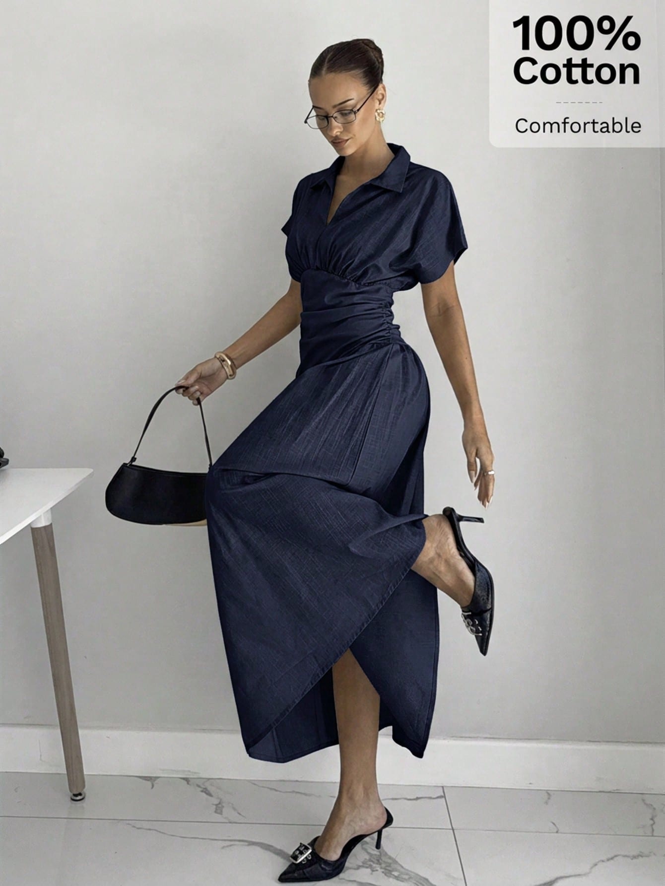 Siren Gaze Women's Elegant Dress Shirt Collar Short Sleeve V Neck Ruched Cinched Waist A-Line Midi Shirt Dres