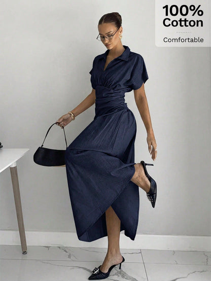 Siren Gaze Women's Elegant Dress Shirt Collar Short Sleeve V Neck Ruched Cinched Waist A-Line Midi Shirt Dres