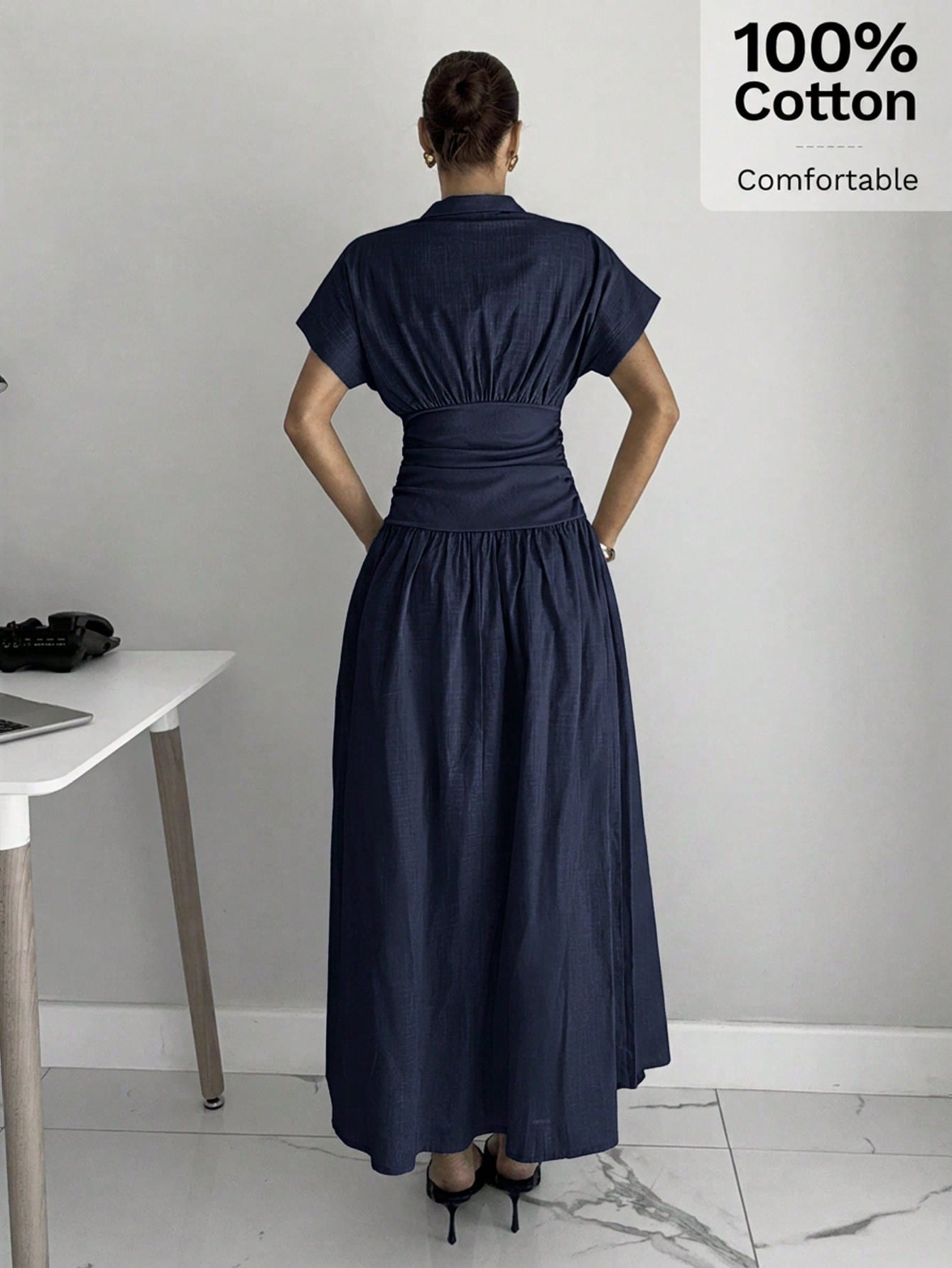Siren Gaze Women's Elegant Dress Shirt Collar Short Sleeve V Neck Ruched Cinched Waist A-Line Midi Shirt Dres