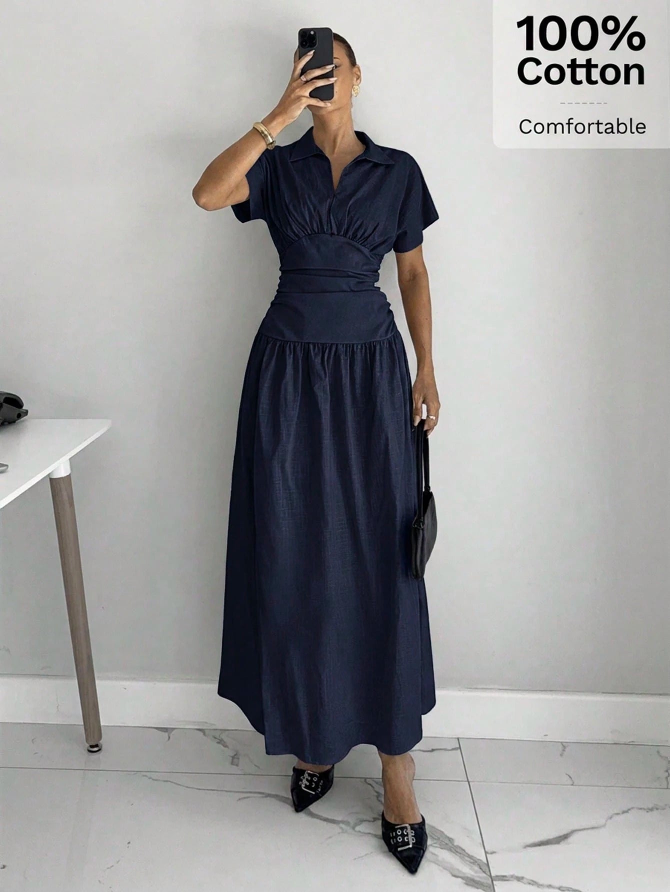 Siren Gaze Women's Elegant Dress Shirt Collar Short Sleeve V Neck Ruched Cinched Waist A-Line Midi Shirt Dres